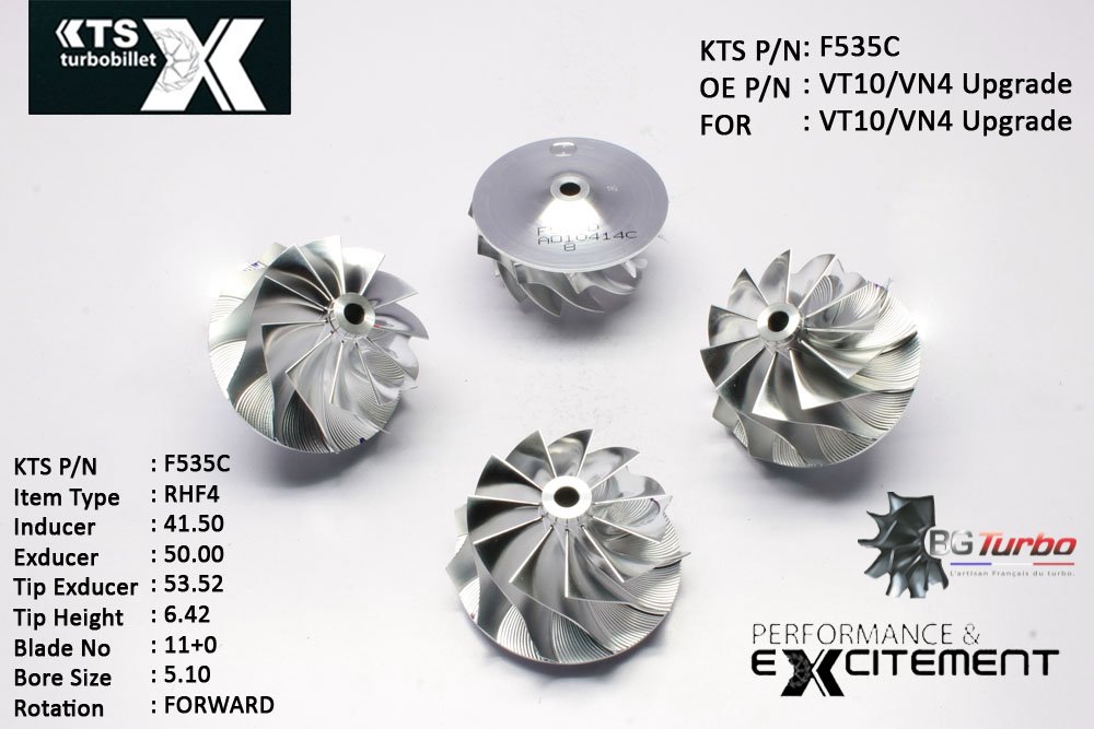 Turbo ROUE FORGÉE MFS PERFORMANCE - 11+0 PALES - INDUCER : 41,5 - EXDUCER : 50 - TYPE : RHF4ANGLE : 60° - ROTATION : Forward - SUPER BACK : 3,74 - BORE SIZE : 5,1
